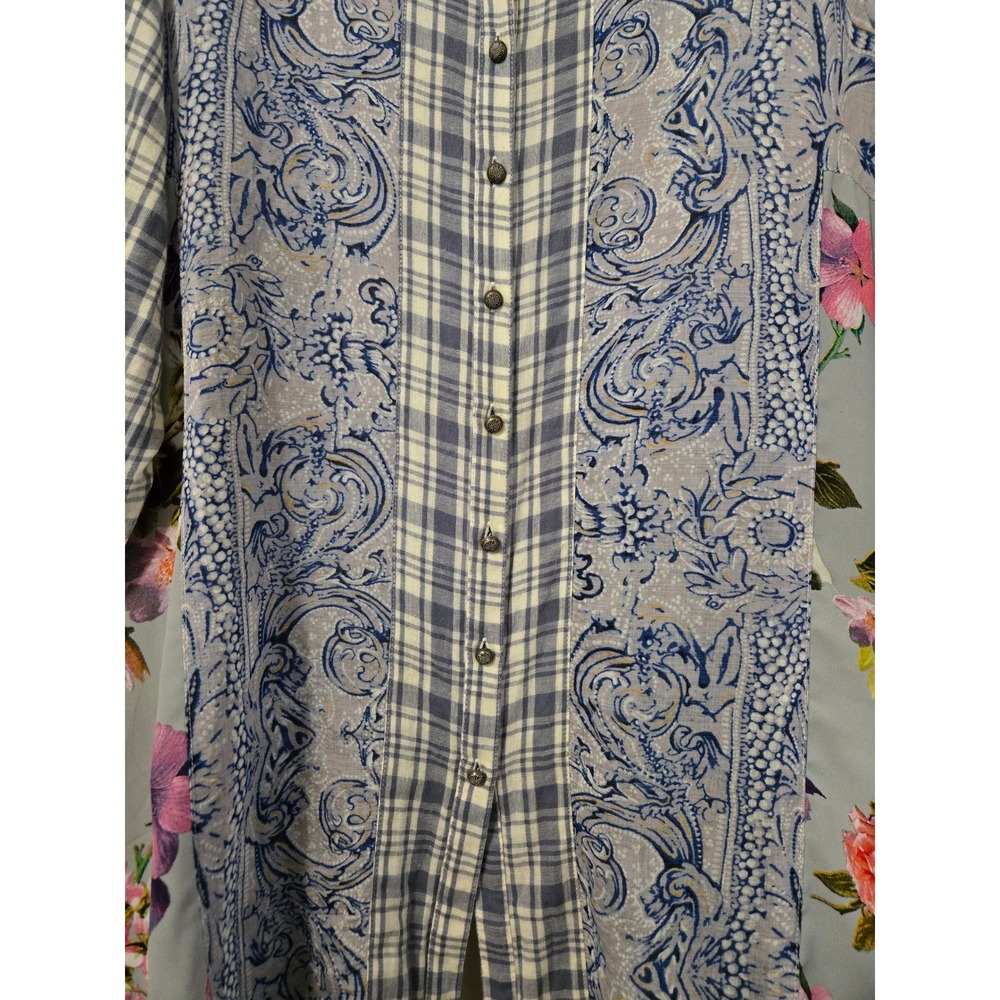 Mixed-Print Blue Floral & Plaid Tunic Shirt - Picture 5 of 16
